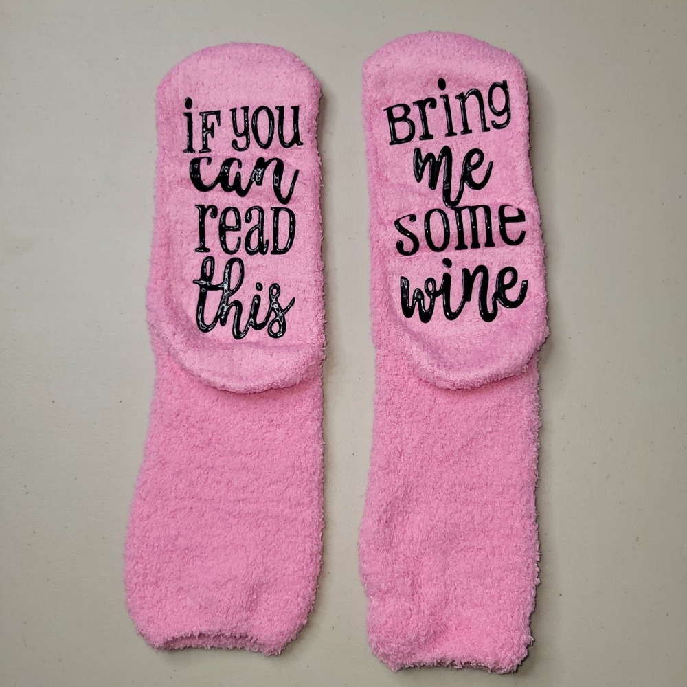 Pink Fuzzy Wine Socks If You Can Read This Bring Me Some Wine Non Slip Grip Cozy
